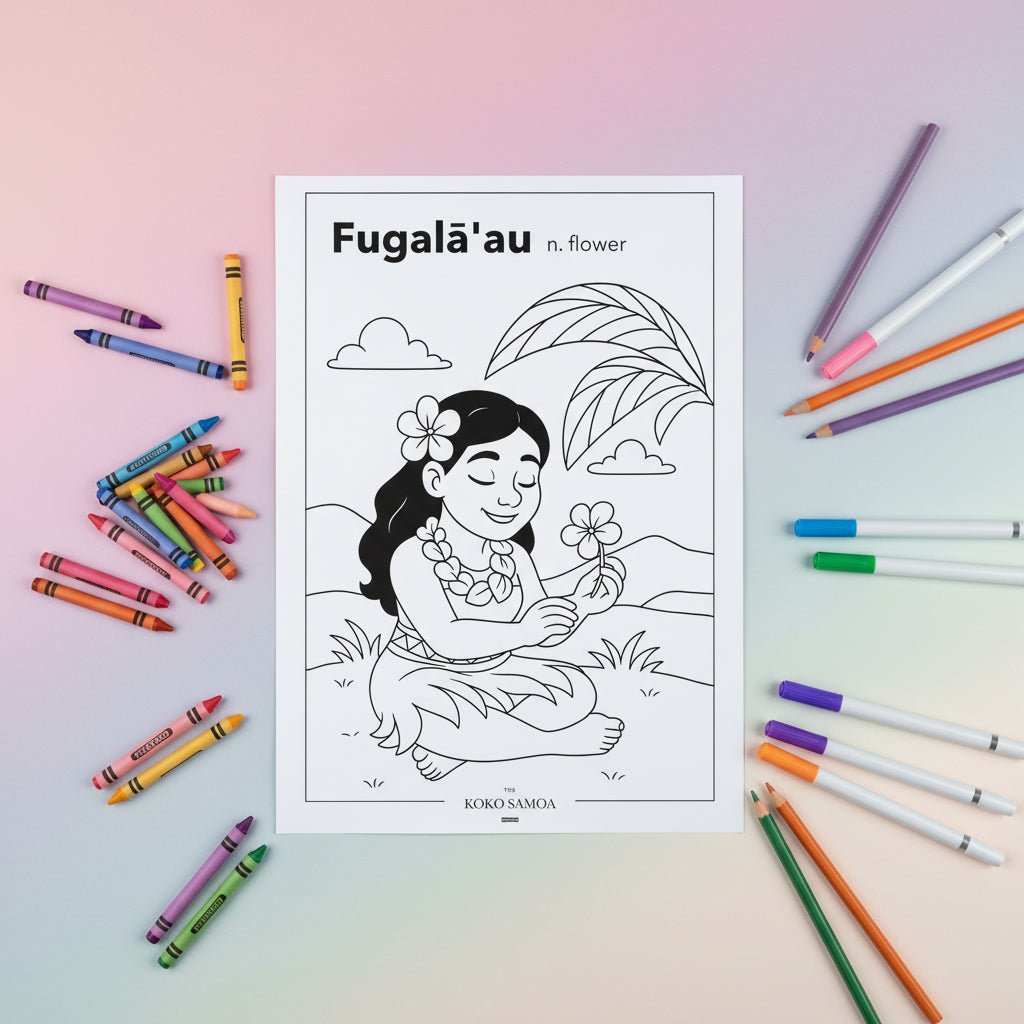 Downloadable Learn and Colour Sheet by THE KOKO SAMOA featuring Fugalā'au, suitable for AU, NZ, and USA regions.