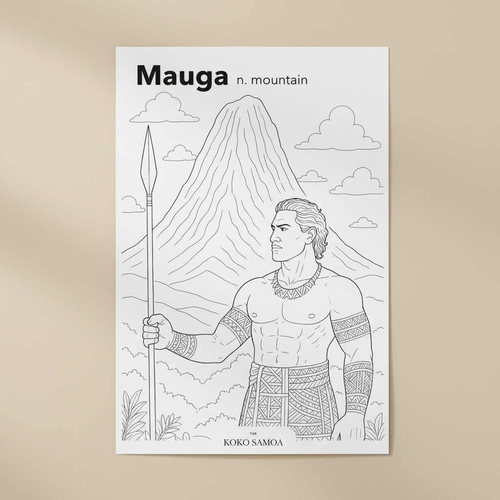 Downloadable Learn and Colour Sheet from THE KOKO SAMOA featuring Mauga design for AU, NZ, and USA audiences.