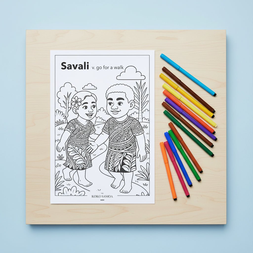 Downloadable Learn and Colour Sheet featuring Savali design by THE KOKO SAMOA, suitable for AU, NZ, and USA audiences.