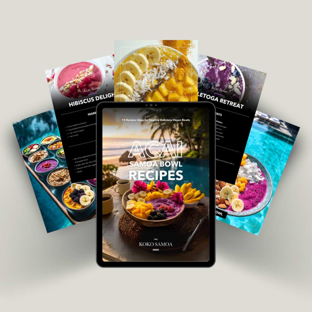 E-Book cover for The Koko Samoa's Acai Samoa Bowl Recipes featuring vibrant images of acai bowls on a clean background.
