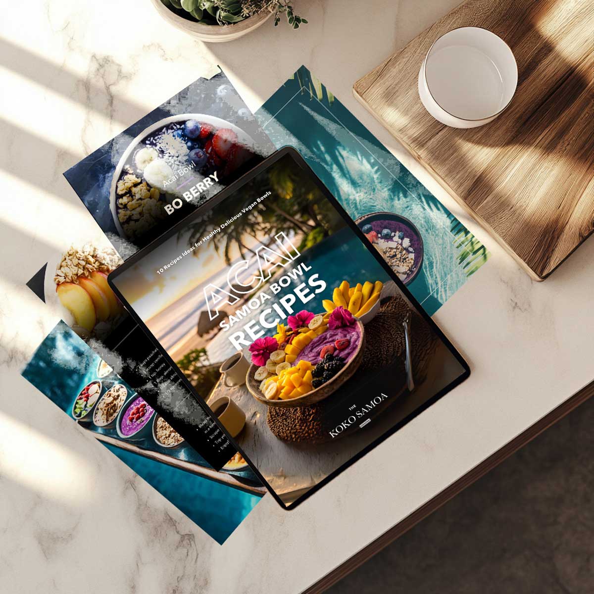 E-Book cover for The Koko Samoa's Acai Samoa Bowl Recipes featuring vibrant smoothie bowl images and recipe titles.