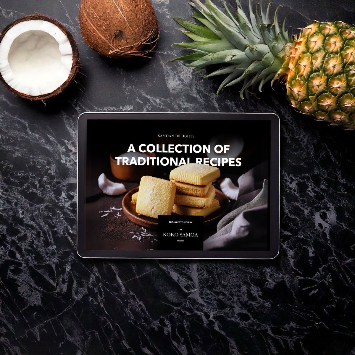 E-Book cover titled "Samoan Delights: Samoan Recipes Cookbook Vol 1" by The Koko Samoa, featuring traditional Samoan dishes.