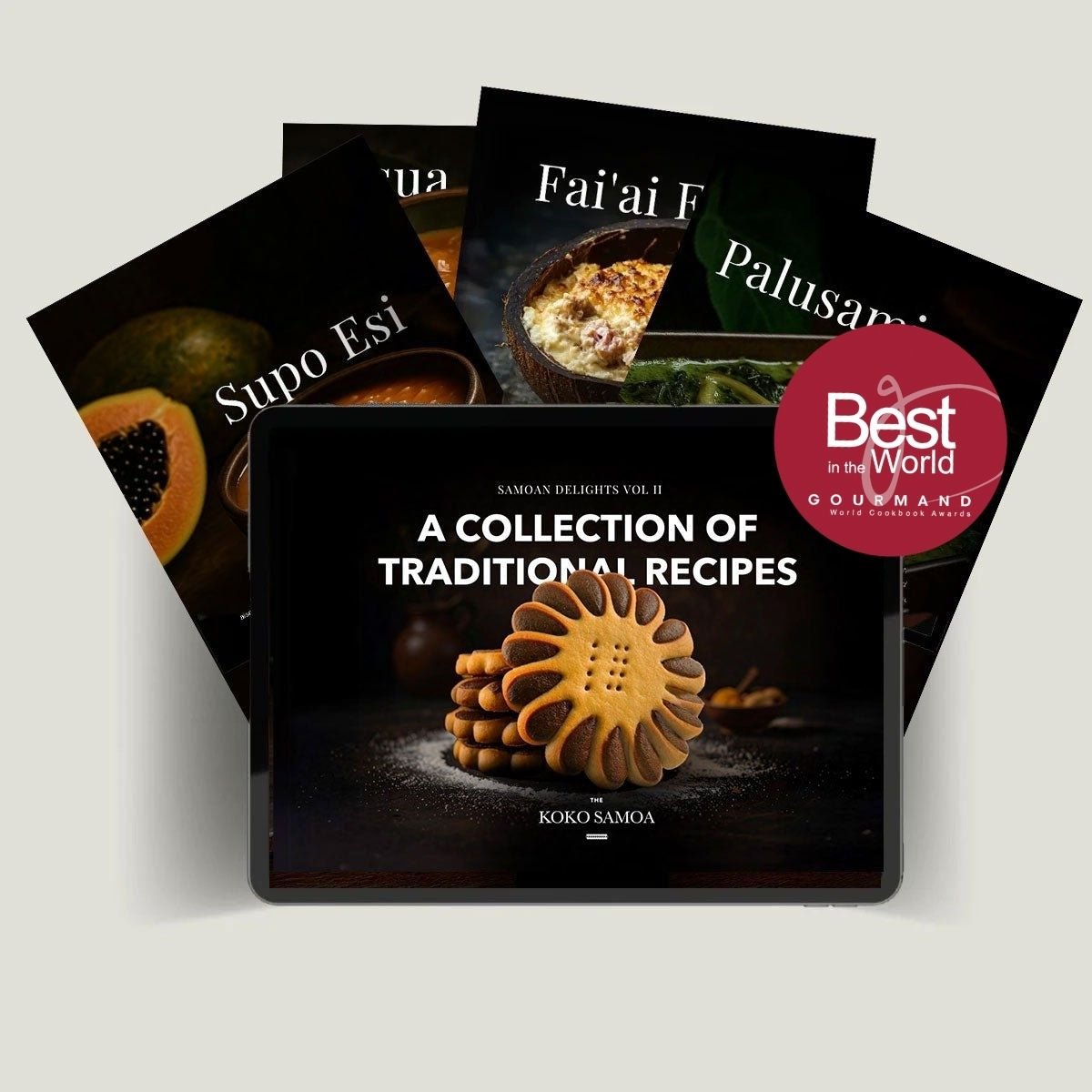 E-Book cover for Samoan Delights: Samoan Recipes Cookbook Vol 2 by The Koko Samoa, featuring tropical recipe illustrations.