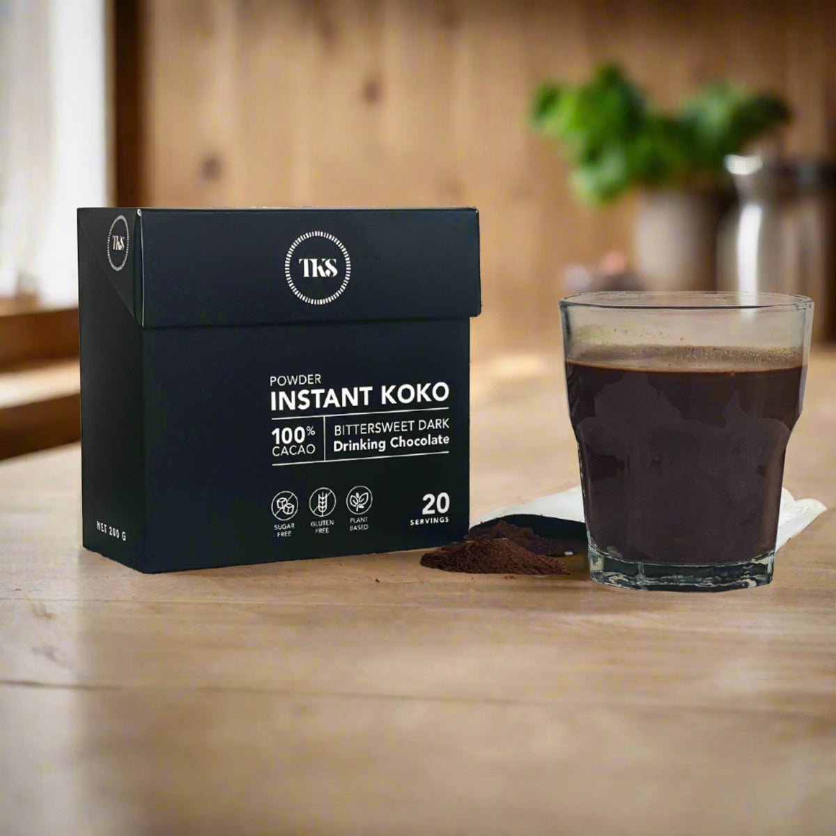The Koko Samoa Instant Koko Samoa drinking chocolate in a cup, showcasing rich, creamy chocolate beverage from the brand THE KOKO SAMOA.