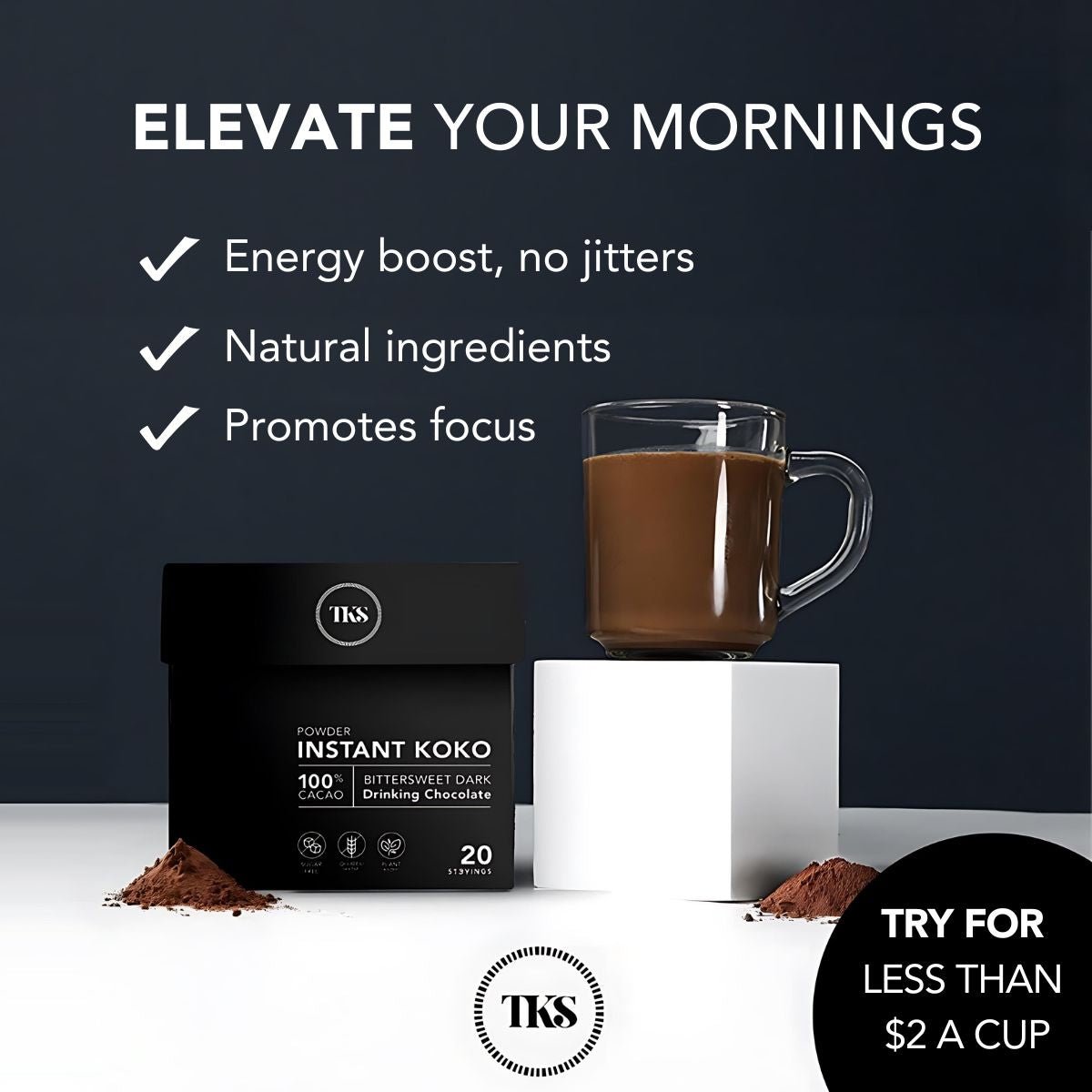 A cup of warm Instant Koko Samoa drinking chocolate by THE KOKO SAMOA, showcasing rich, creamy cocoa in a cozy setting.