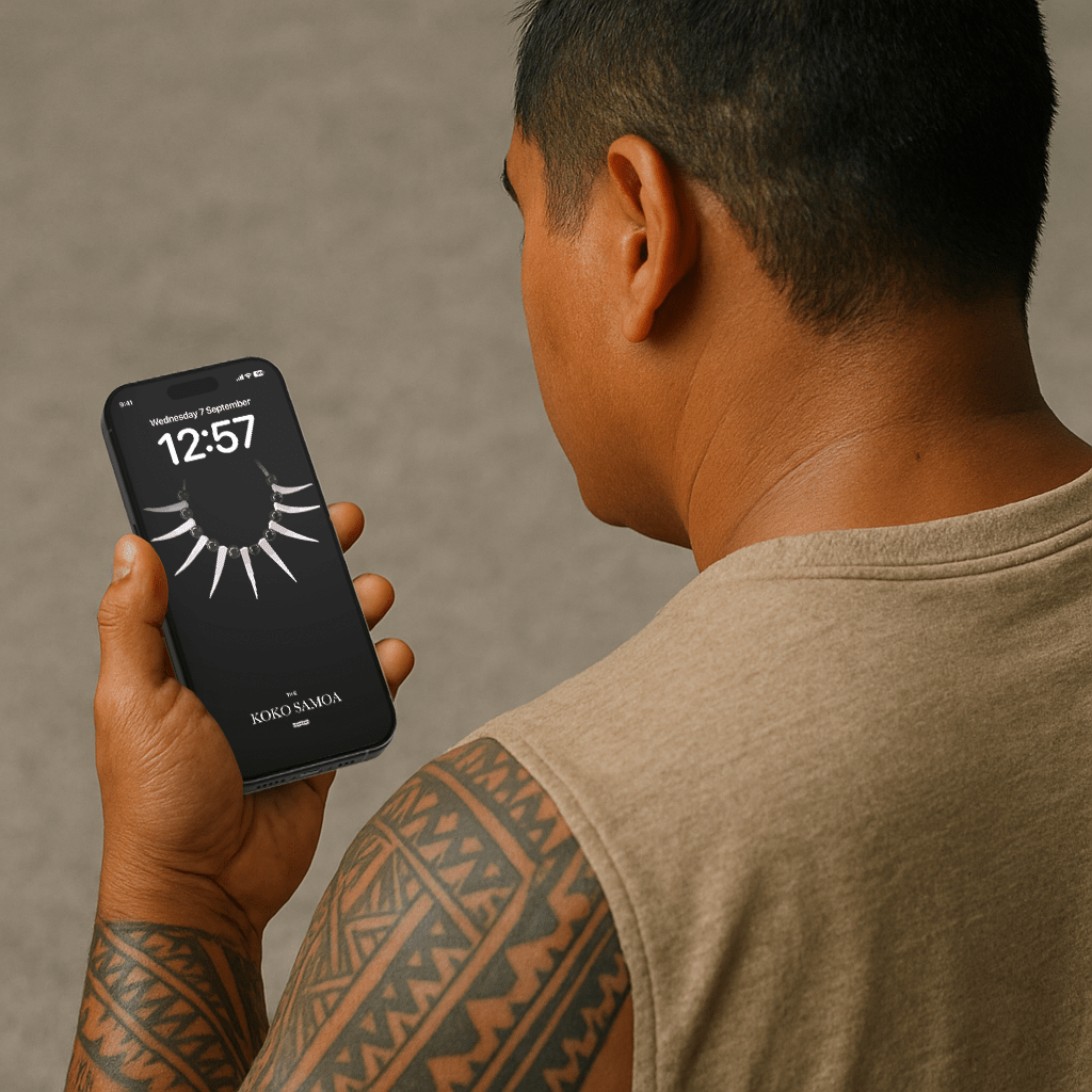 Phone wallpaper featuring Ula Nifo design by The Koko Samoa, suitable for AU, NZ, and USA devices.