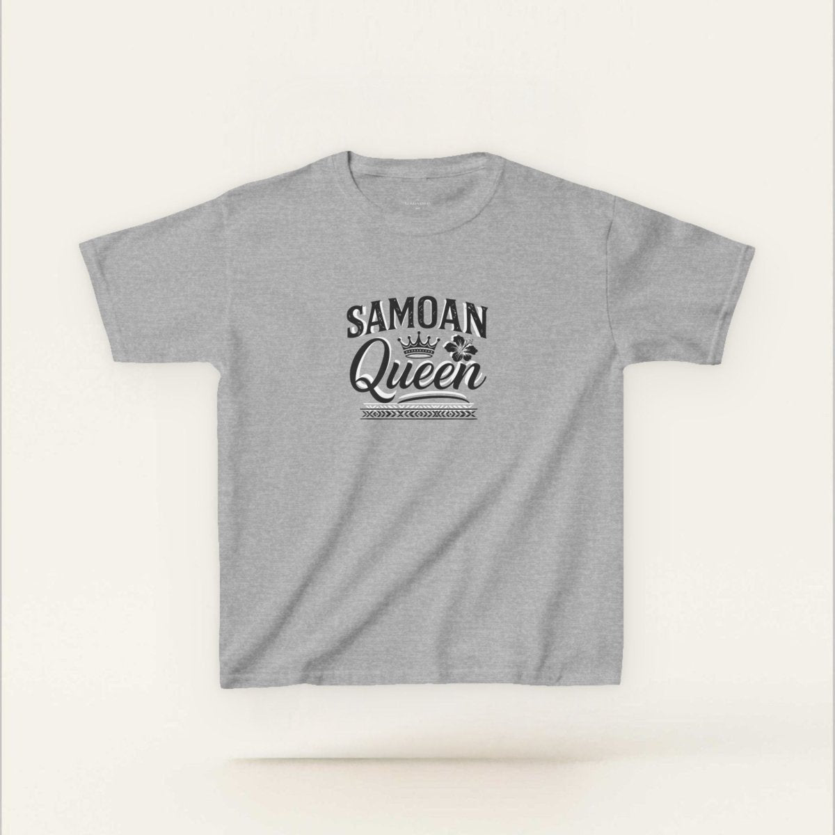 Navy kids unisex T-shirt featuring a Samoan Queen design, from The Print Bar, suitable for AU and NZ sizes.