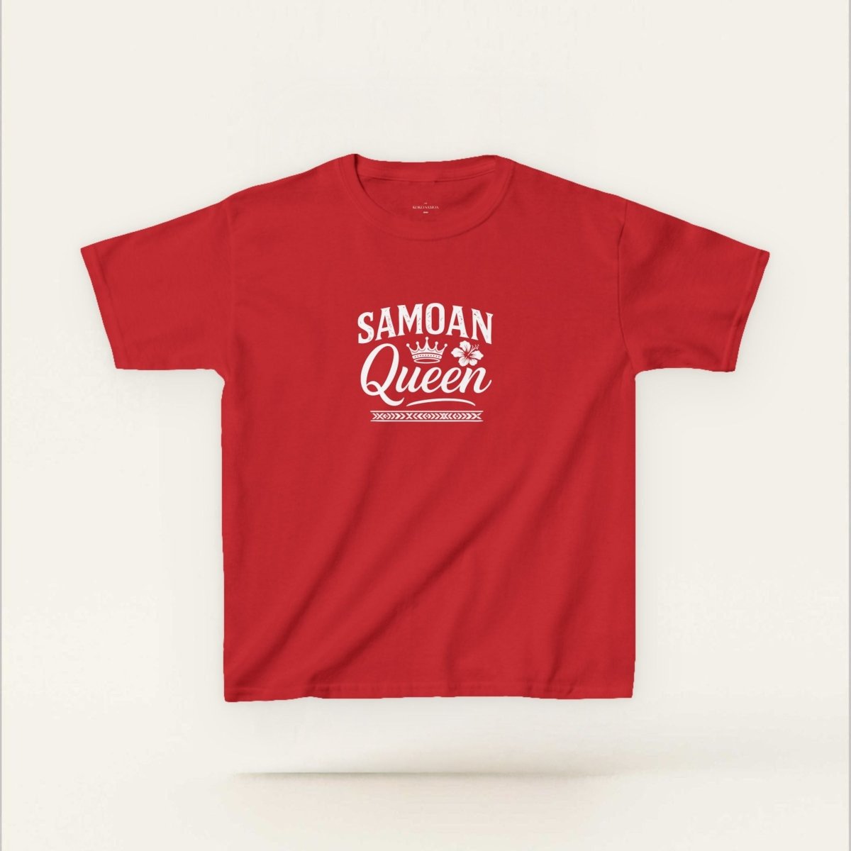 Navy kids unisex tee with "Samoan Queen" print, available in XS size, featuring The Print Bar branding.