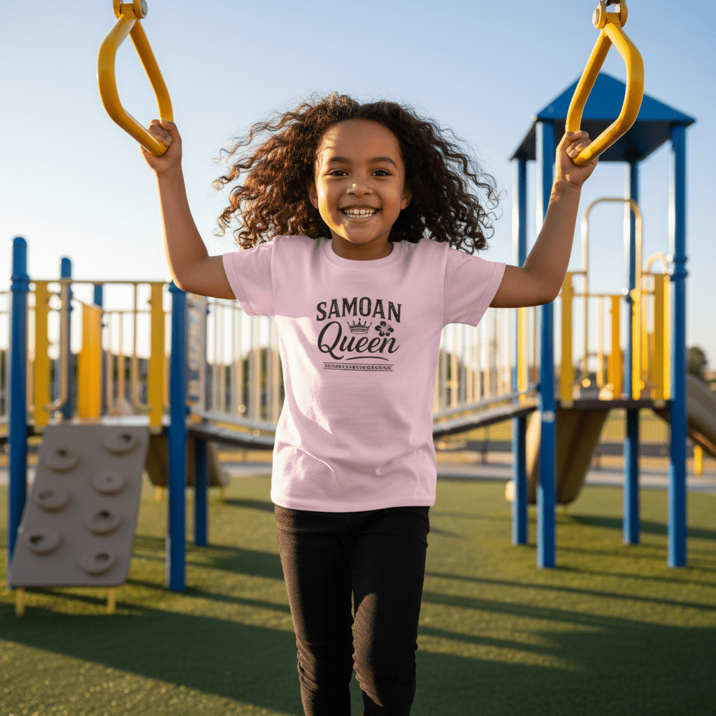 Kids unisex navy T-shirt featuring a Samoan Queen design, made by The Print Bar, suitable for children in AU/NZ.
