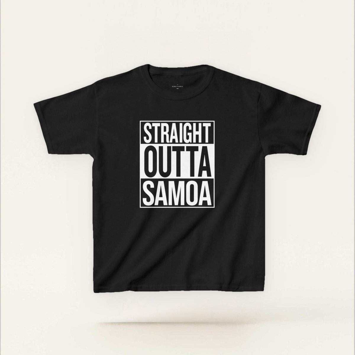 Kids unisex navy tee featuring "Straight Outta Samoa" text, from The Print Bar, suitable for AU/NZ sizes.