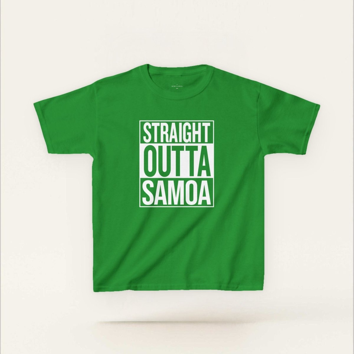 Kids unisex navy tee featuring "Straight Outta Samoa" graphic, made by The Print Bar, perfect for kids in AU and NZ.