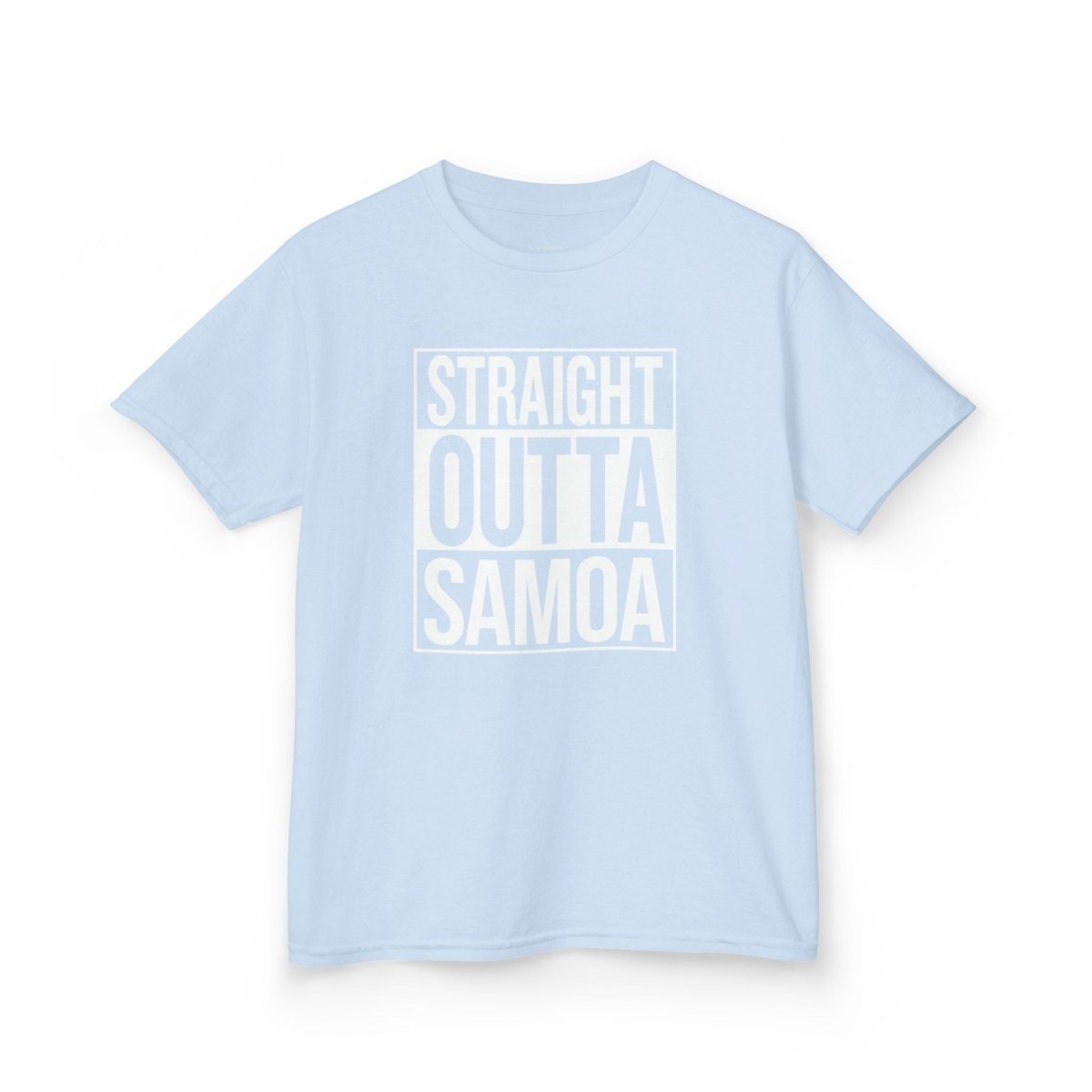 Kids unisex navy T-shirt with "Straight Outta Samoa" graphic, made by The Print Bar, suitable for children in AU/NZ.