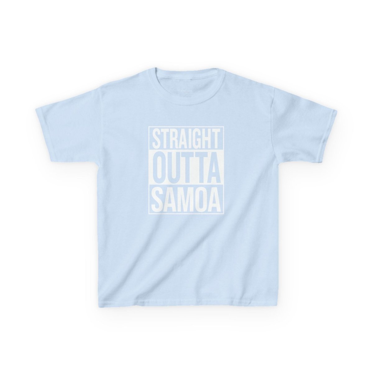 Kids unisex navy T-shirt from The Print Bar featuring "Straight Outta Samoa" print, suitable for AU/NZ sizes.