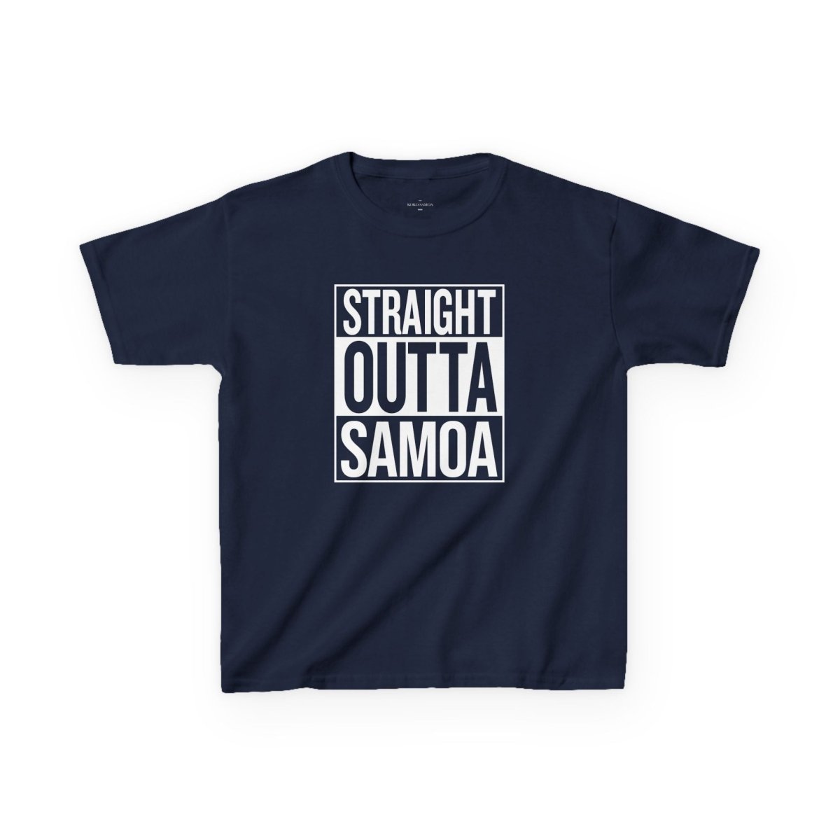 Kids unisex navy tee with "Straight Outta Samoa" print, casual style, from The Print Bar, suitable for children in AU/NZ.