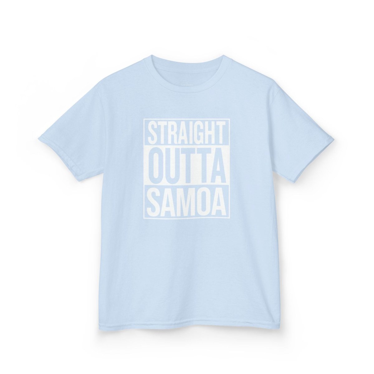 Kids unisex navy T-shirt from The Print Bar featuring "Straight Outta Samoa" graphic, suitable for AU/NZ kids.