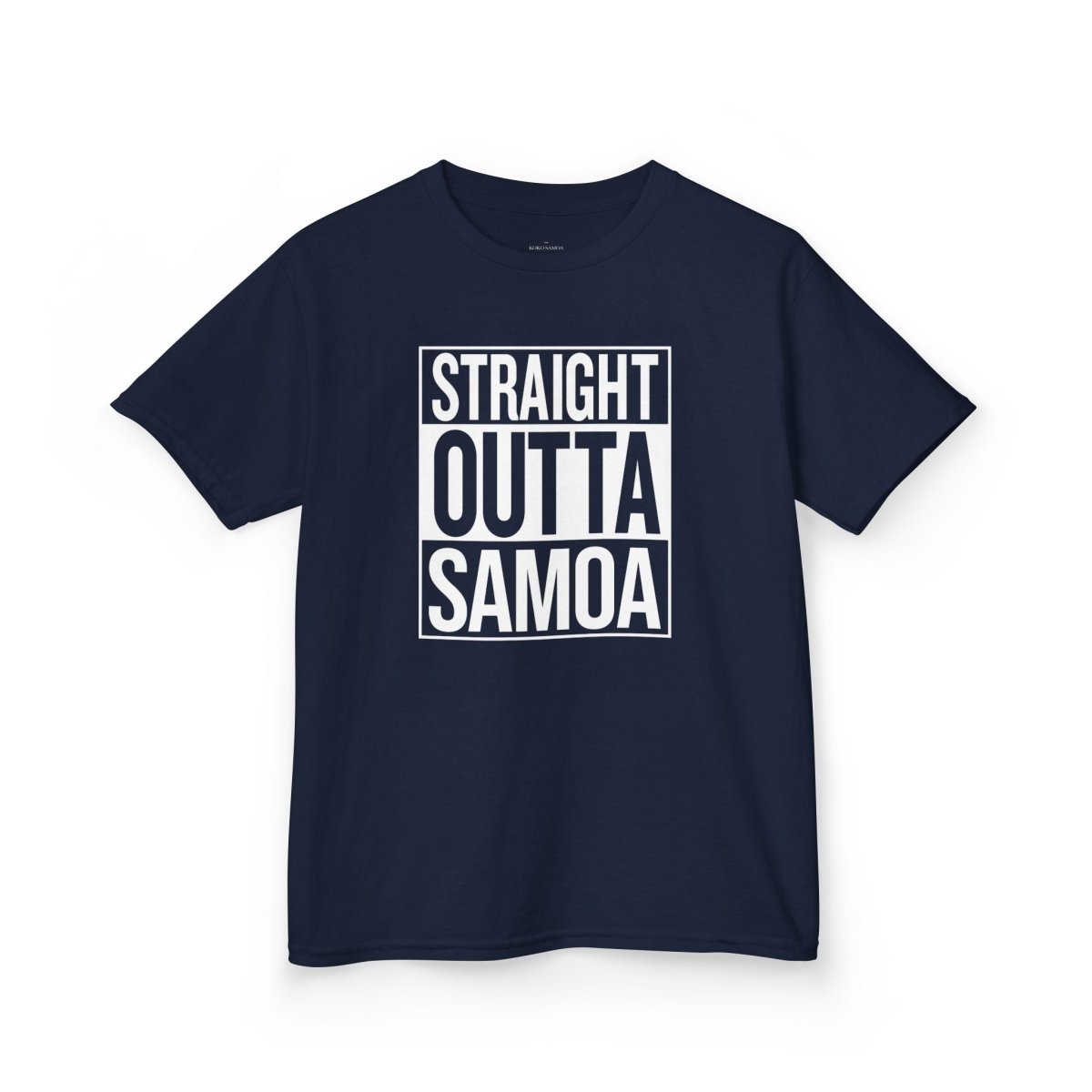 Kids unisex navy T-shirt by The Print Bar featuring "Straight Outta Samoa" graphic, perfect for kids' casual wear.