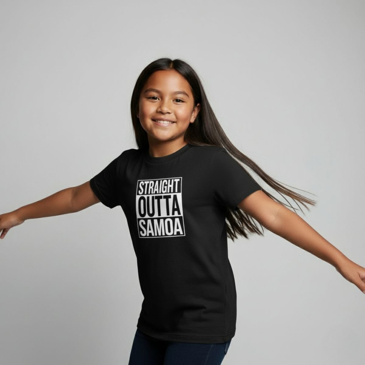 Kids unisex navy tee from The Print Bar featuring "Straight Outta Samoa" design, suitable for AU/NZ sizes.