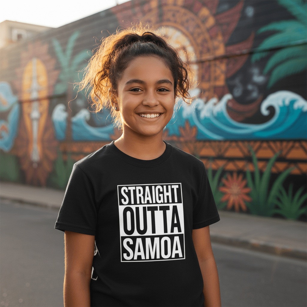 Kids unisex navy tee featuring "Straight Outta Samoa" print, by The Print Bar, designed for children in AU/NZ.