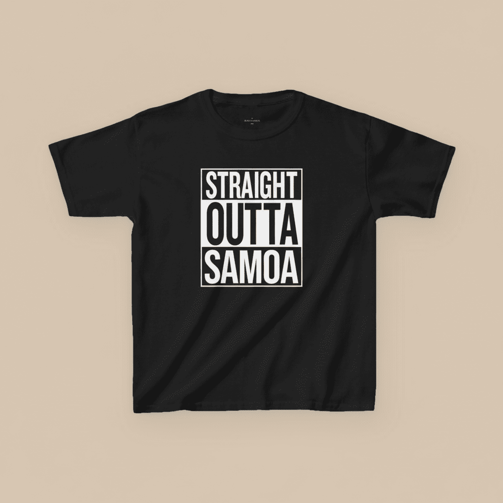 Kids unisex navy T-shirt from The Print Bar featuring "Straight Outta Samoa" design, made for children in AU/NZ.