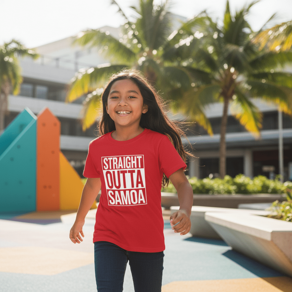 Kids unisex navy T-shirt by The Print Bar featuring "Straight Outta Samoa" design, perfect for kids' casual wear.