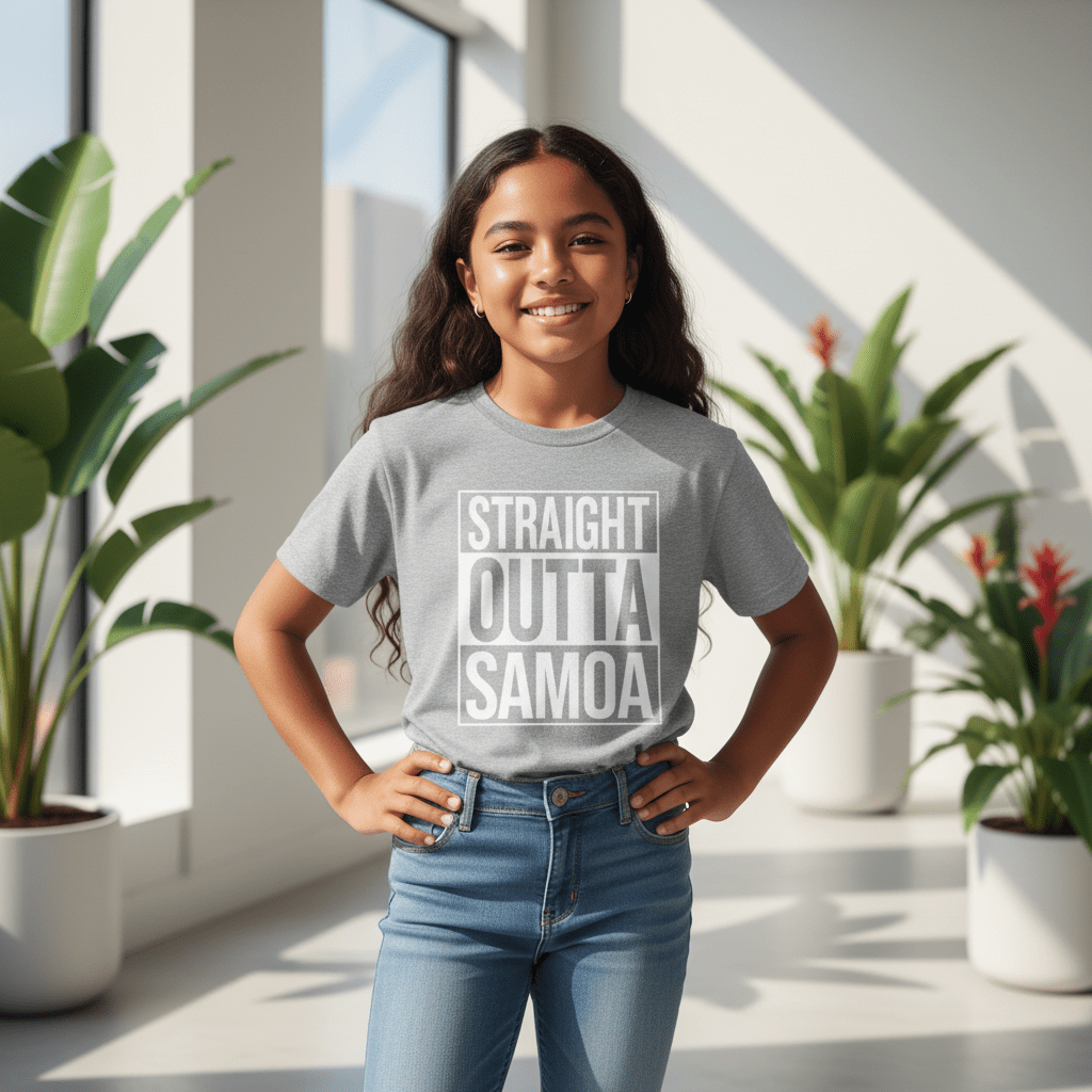 Navy kids unisex t-shirt from The Print Bar with "Straight Outta Samoa" graphic, suitable for AU/NZ sizes, casual style for children.