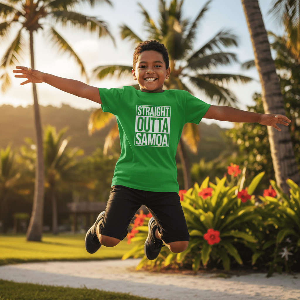 Kids unisex navy T-shirt by The Print Bar featuring "Straight Outta Samoa" graphic, suitable for AU/NZ sizes.