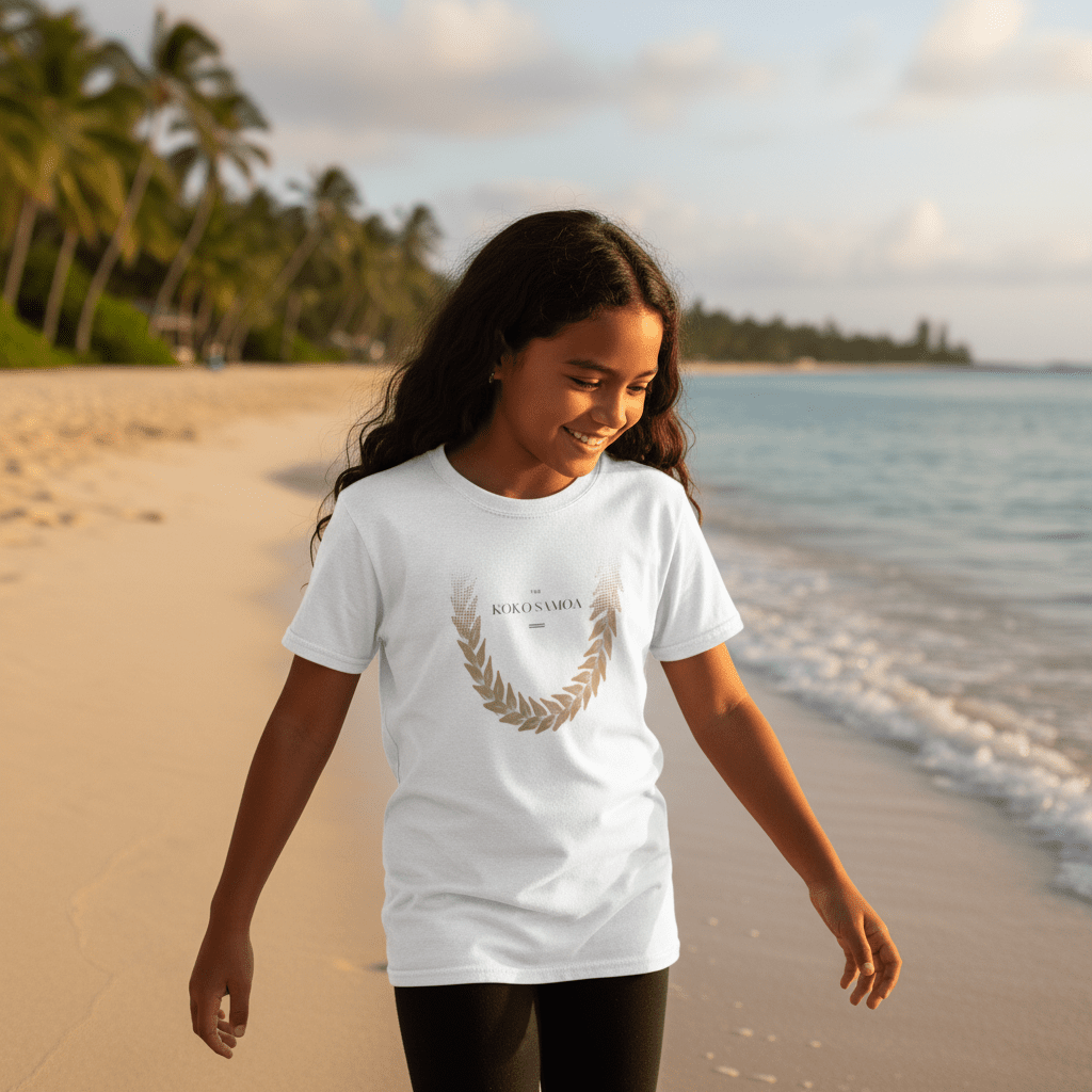 Kids unisex T-shirt by The Print Bar featuring Ula Fala brown design, suitable for children, in navy color.