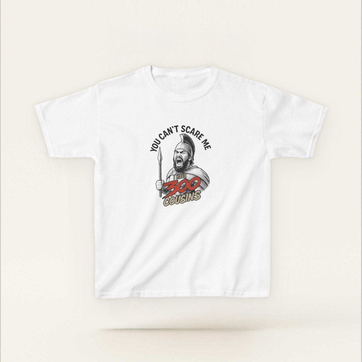 Red unisex kids tee from The Print Bar featuring "300 Cousins" design, suitable for AU/NZ children, casual and comfortable style.