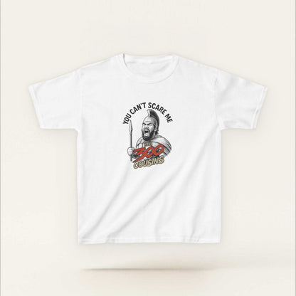 Red unisex kids tee from The Print Bar featuring "300 Cousins" design, suitable for AU/NZ children, casual and comfortable style.