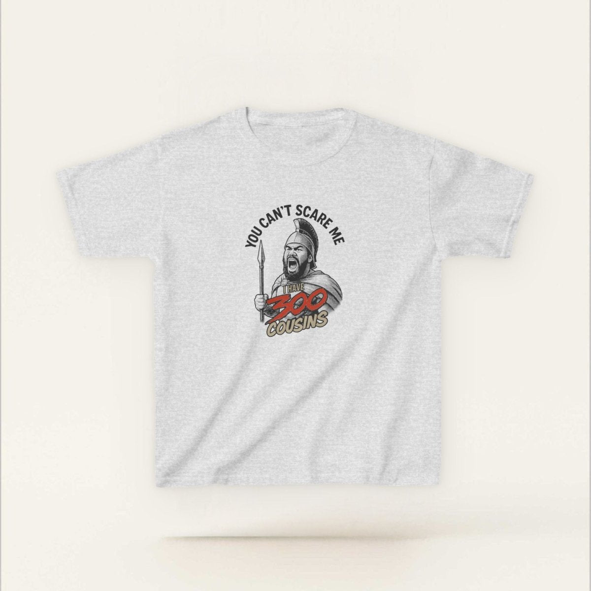 Red kids unisex tee from The Print Bar featuring the "300 Cousins" design, perfect for boys and girls in AU/NZ.