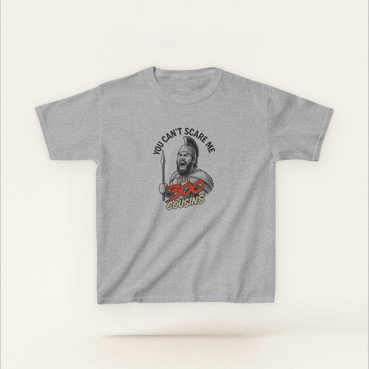 Kids unisex red tee by The Print Bar featuring "300 Cousins" graphic, designed for children in AU/NZ.