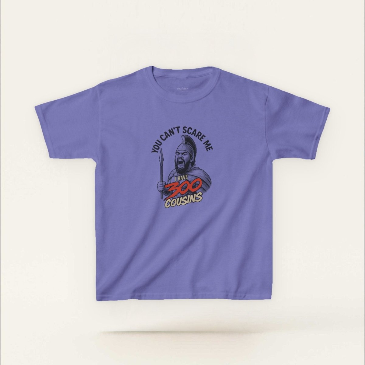Kids unisex red tee from The Print Bar featuring "300 Cousins" design, suitable for children in AU/NZ.
