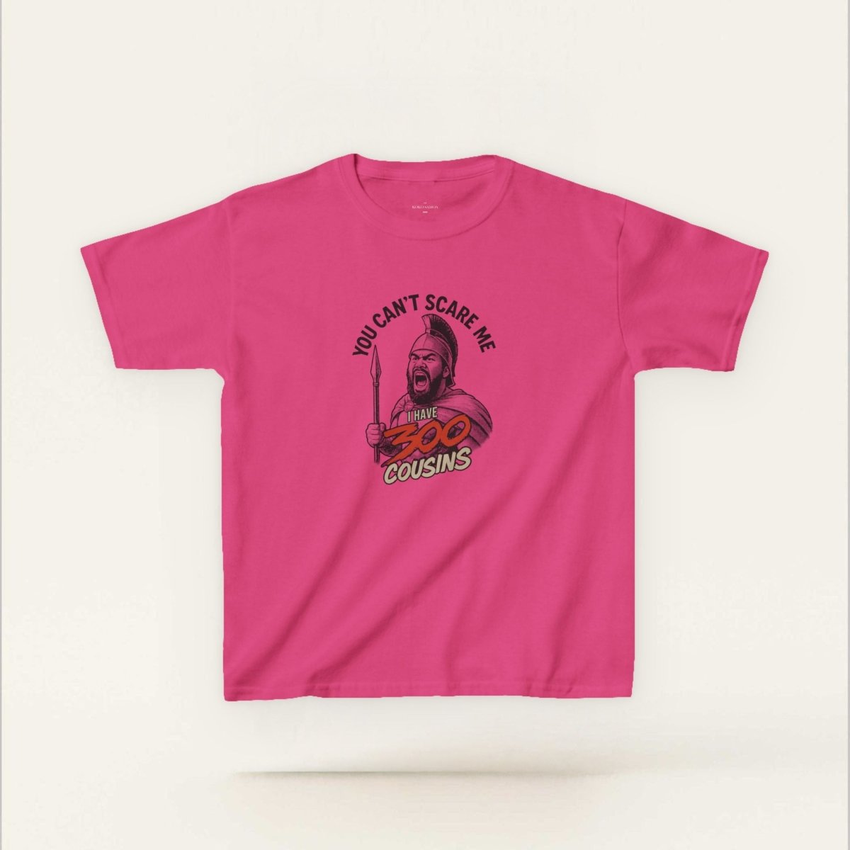 Kids unisex red T-shirt from The Print Bar featuring "300 Cousins" design, perfect for kids' casual wear in AU/NZ.