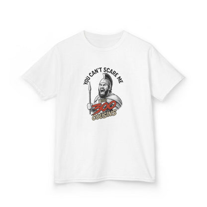 Kids unisex red T-shirt from The Print Bar featuring the "300 Cousins" design, suitable for children in AU/NZ.