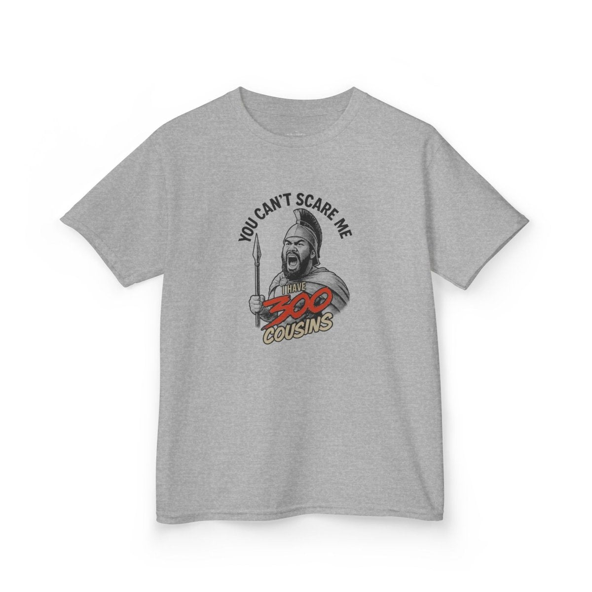 Kids unisex red T-shirt from The Print Bar featuring "300 Cousins" design, suitable for kids in AU/NZ.