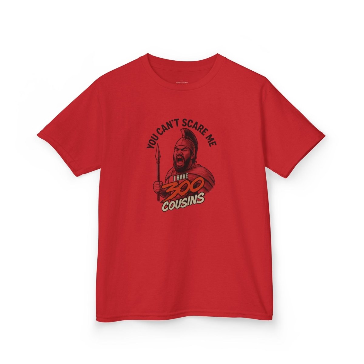 Kids unisex red t-shirt by The Print Bar featuring "300 Cousins" design, suitable for children in AU/NZ.