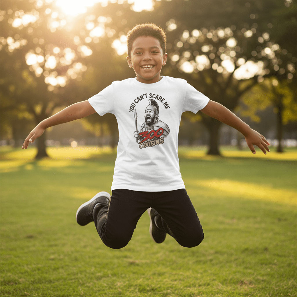 Kids unisex red T-shirt by The Print Bar featuring "300 Cousins" design, suitable for children in AU and NZ.