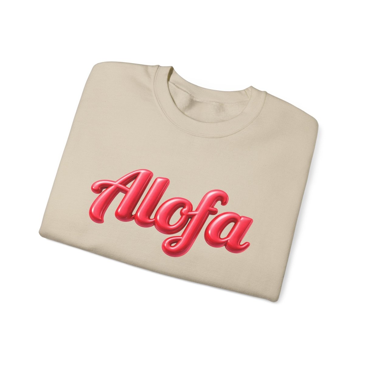 Unisex heavy sweatshirt in ash color with "Alofa" design, casual and comfortable for everyday wear.
