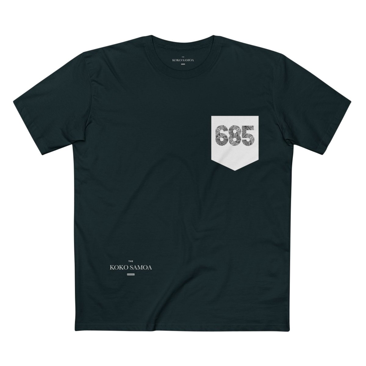 Unisex soft army green tee with '685 Pocket' print by The Print Bar, shown in XS size with short sleeves and casual fit.