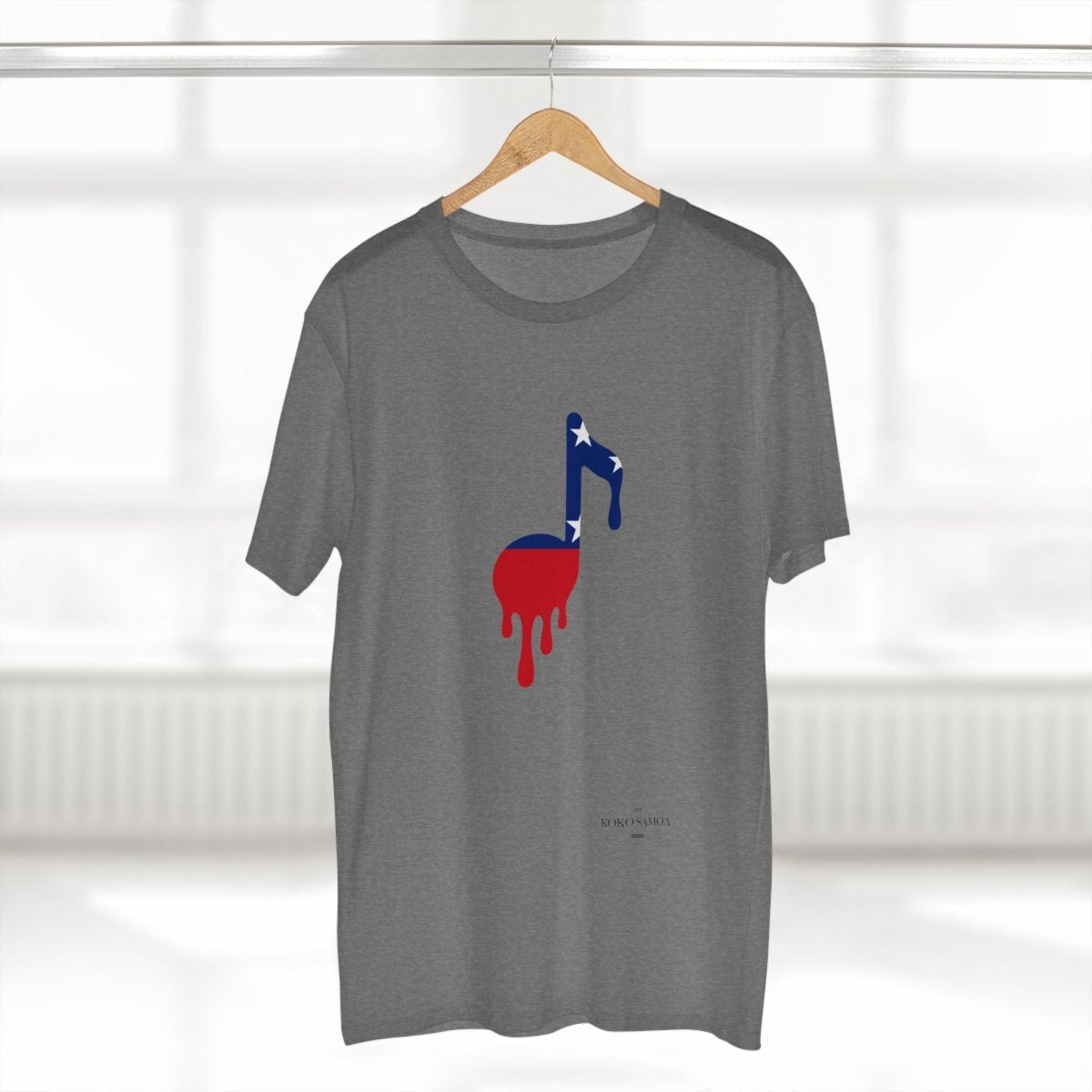 Unisex soft T-shirt featuring Samoan note design in athletic heather fabric, made by The Print Bar for AU/NZ.