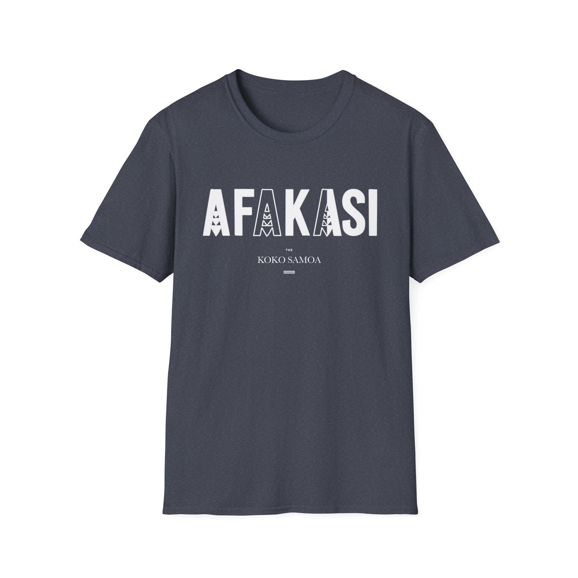 Charcoal soft unisex tee featuring the Afakasi design, made for both men and women in AU/NZ sizes.