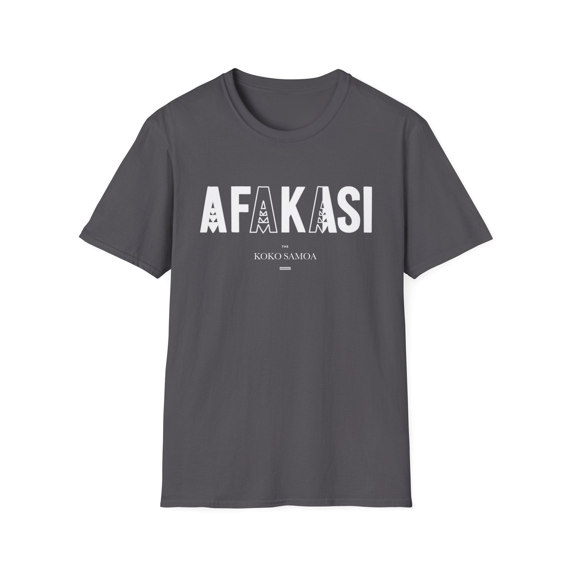 Charcoal soft unisex tee featuring the Afakasi design, ideal for casual wear in AU/NZ.