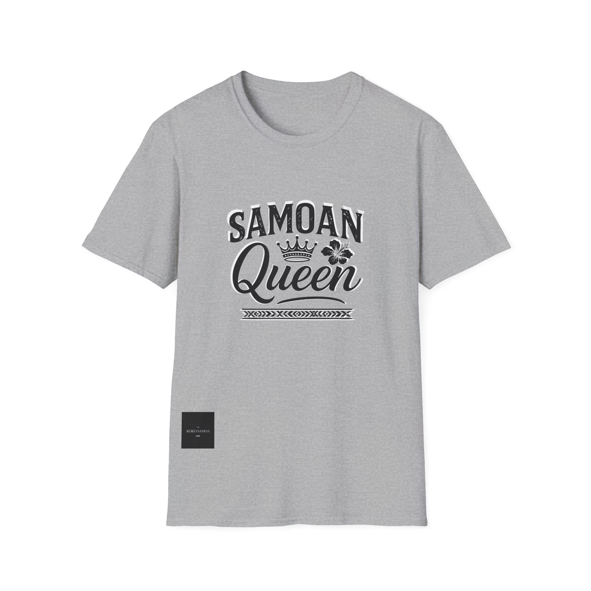 Charcoal unisex soft tee featuring Samoan Queen AU/NZ design by The Print Bar, made from comfortable fabric.