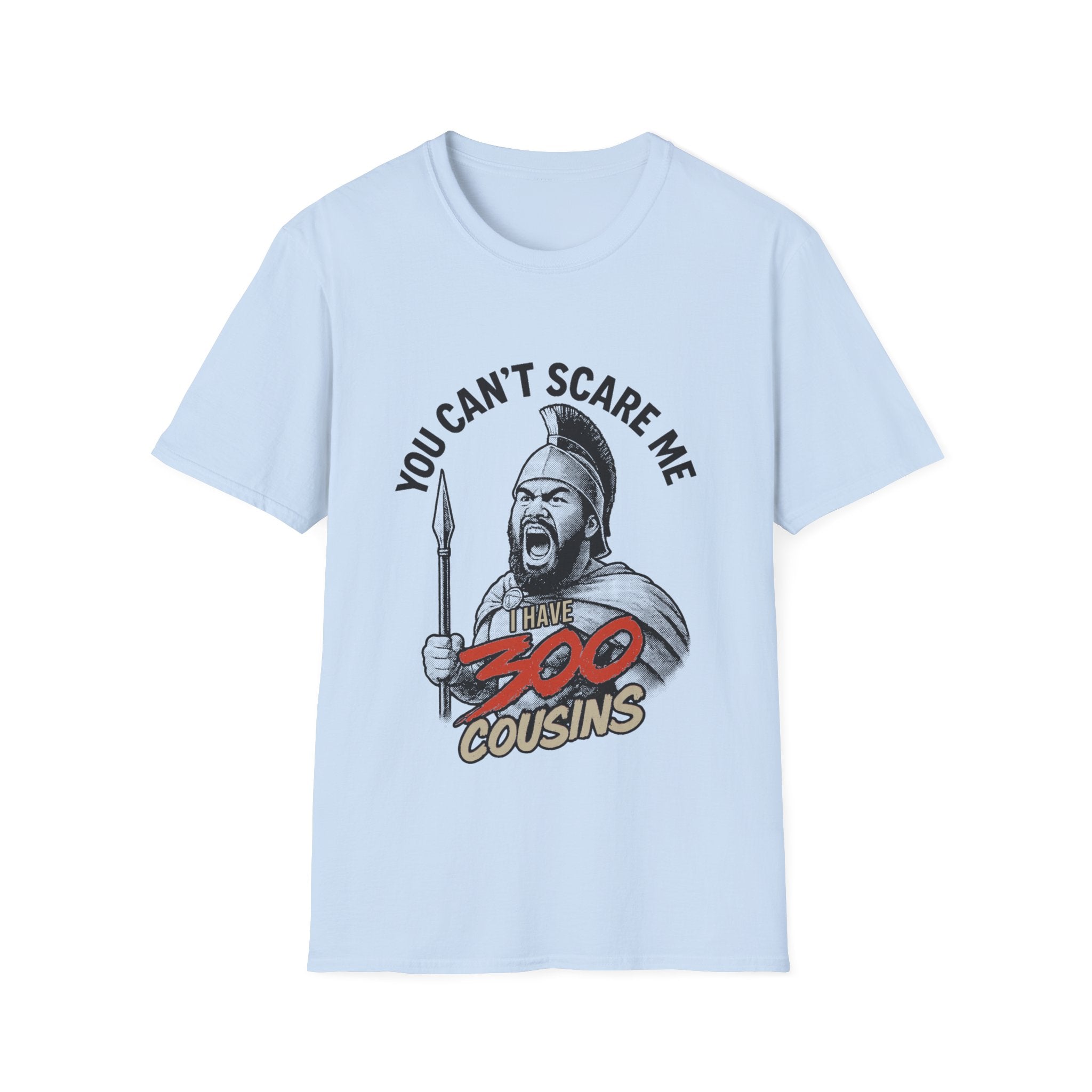 Light blue unisex soft tee from The Print Bar featuring "300 Cousins" print, casual fit, perfect for everyday wear.