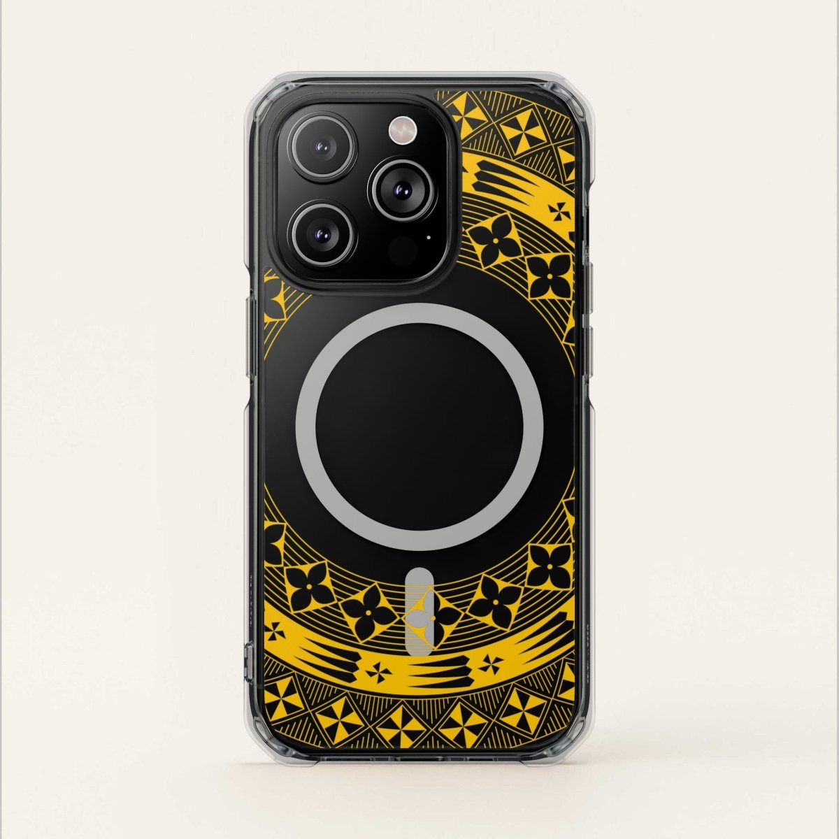 MagSafe clear case for iPhone 16 in Tongan Yellow, showcasing a transparent design with yellow accents.