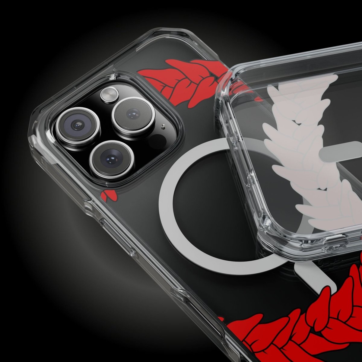 MagSafe clear case for iPhone 16 featuring Ula Fala design, transparent protective phone cover.