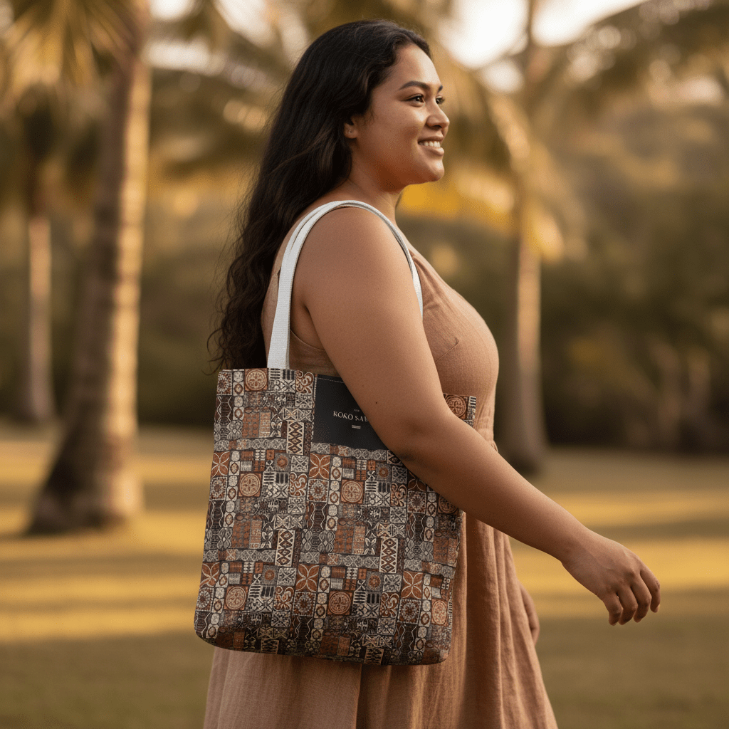 MWW on Demand Elei tote bag with traditional Samoan Koko Samoa design, featuring vibrant patterns and sturdy handles.