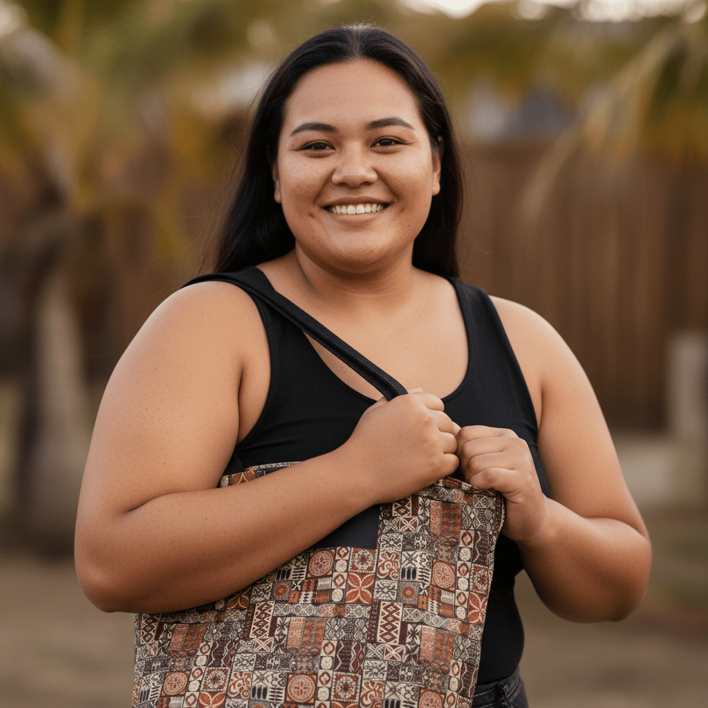 MWW on Demand Elei tote bag featuring vibrant traditional Samoan Koko Samoa design with sturdy handles and colorful fabric.