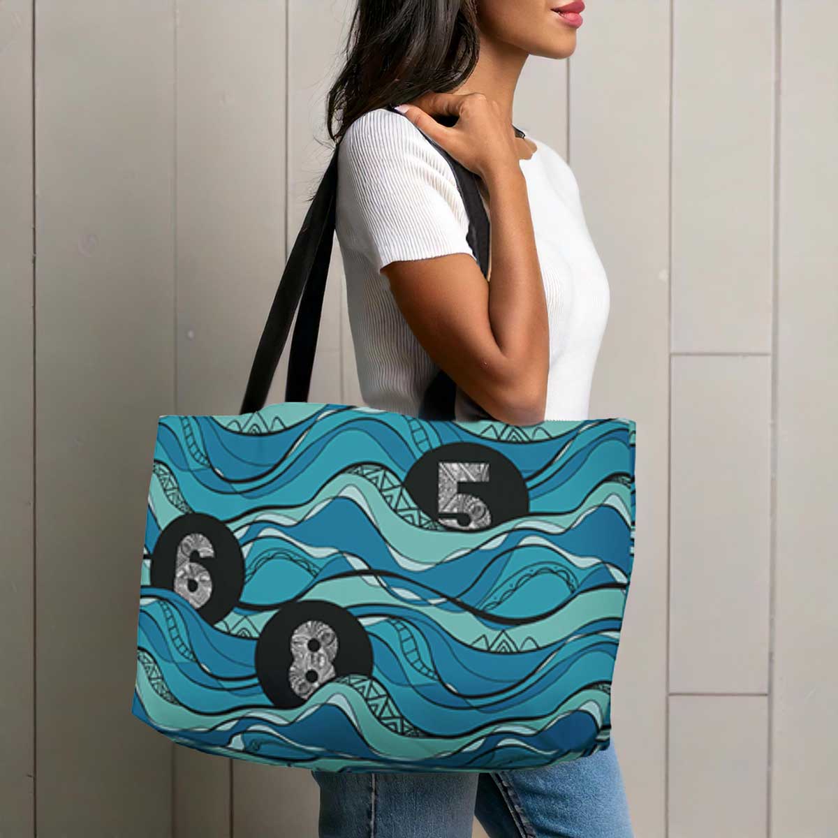 MWW on Demand Tote Weekender Bag in Ocean Wave design, durable tote bag with spacious interior for travel and everyday use.
