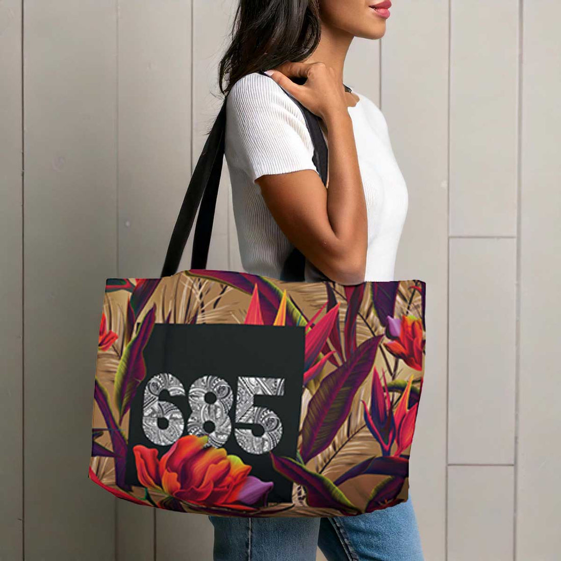 MWW on Demand Tote Weekender Bag in Paradise design, spacious tote bag with tropical print, perfect for travel or daily use.